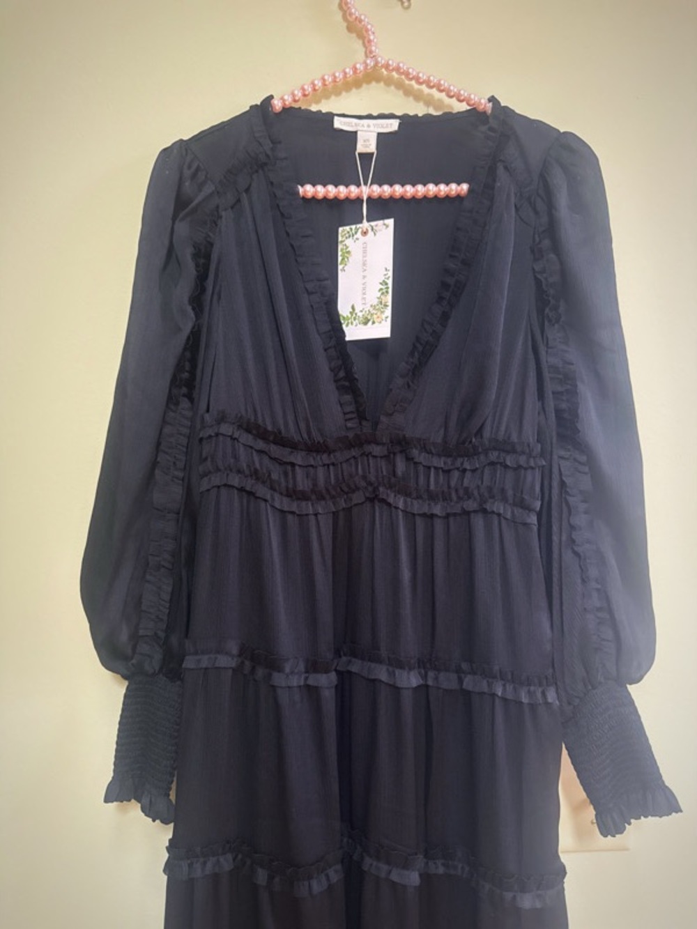 Plisse Satin Ruffle V-Neck Smocked Cuff Sleeve Tiered Maxi Dress - Picture 6 of 9